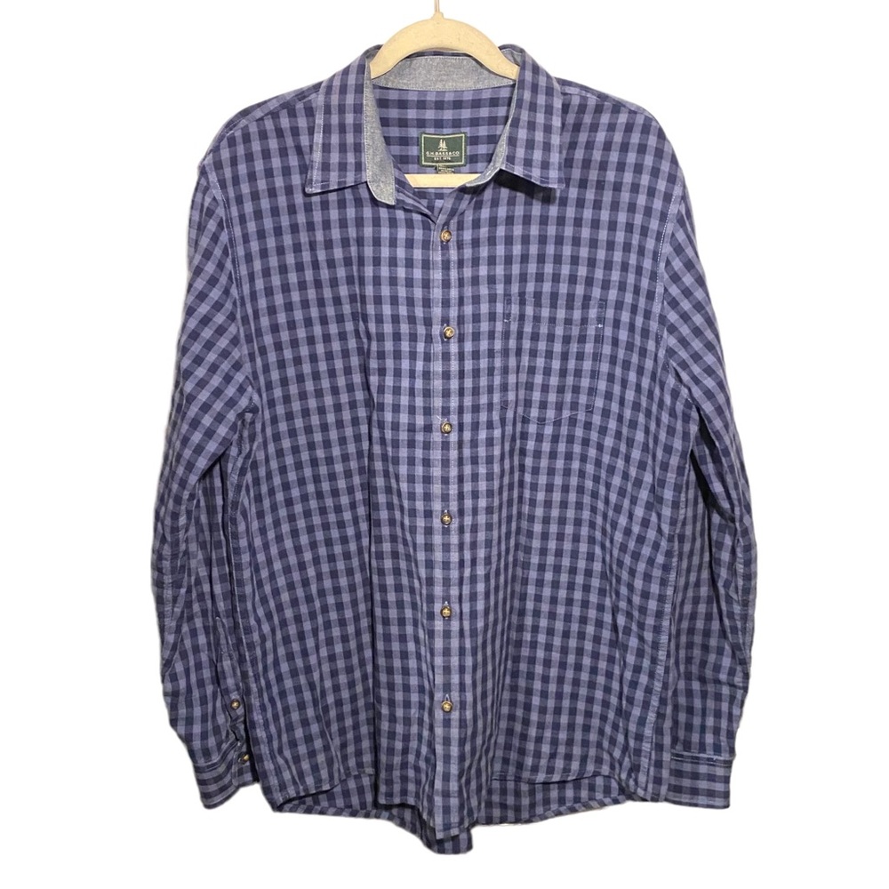 GH Bass & Co Mens Sz Large Blue Plaid Button Down Shirt Cotton Linen Blend